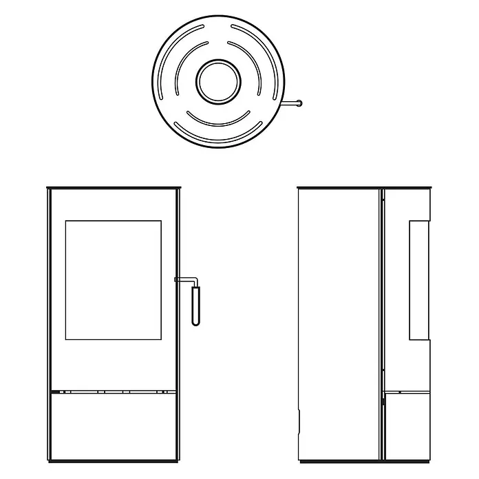 Sannover Kaminofen 8,2 kW - 8,2 kW, Raumheizvermögen: 300 m³, Material Verkleidung: Stahl, Schwarz - Technische Zeichnungen eines rechteilgigen, modernen Kaminofens mit Tür, Griff und oberem Rauchrohranschluss.