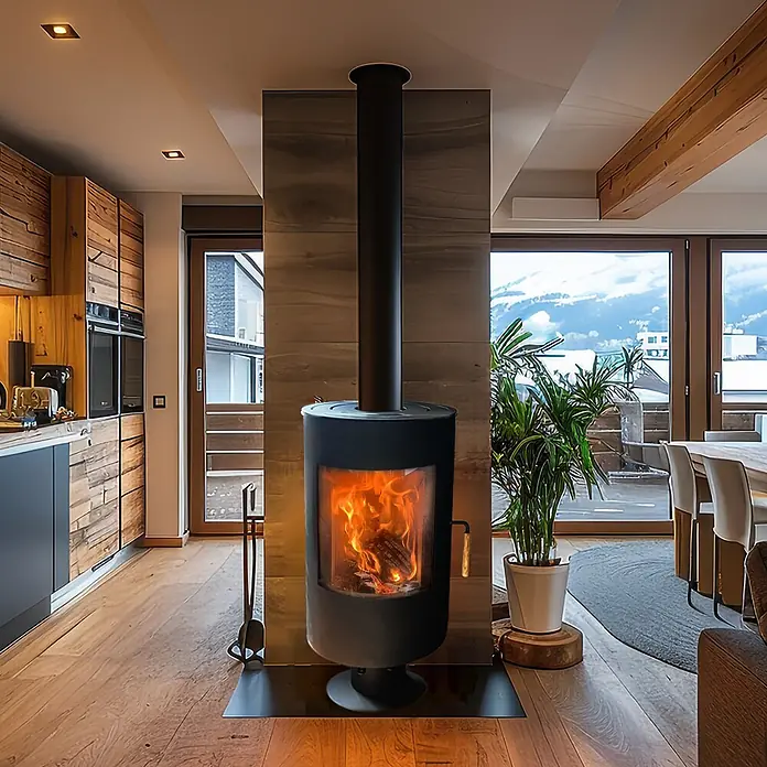 Sannover Kaminofen 8,2 kW - 8,2 kW, Raumheizvermögen: 300 m³, Material Verkleidung: Stahl, Schwarz - Moderner schwarzer Holzofen mit sichtbarem Feuer als zentrales Element in einem zeitgenössischen Wohnzimmer.