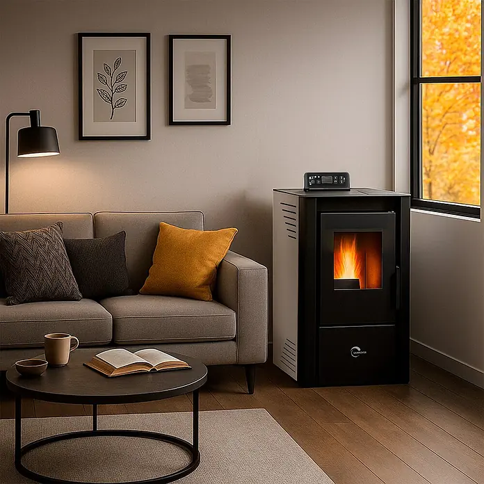 Sannover Pelletofen Anita 9,4 kW weiß - 9,4 kW, Raumheizvermögen: 190 m³, 1,8 kg/h, Farbe Verkleidung: Weiß - Moderner schwarz-weißer Pelletofen mit sichtbarer Flamme, der ein gemütliches Wohnzimmer wärmt.