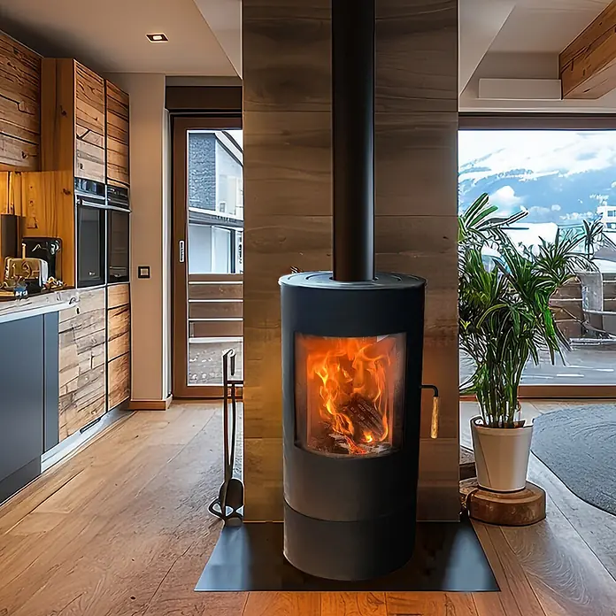 Sannover Kaminofen mit Untergestell 8,2 kW - 8,2 kW, Raumheizvermögen: 300 m³, Material Verkleidung: Stahl, Schwarz - Moderner schwarzer zylindrischer Holzofen mit sichtbarem Feuer, der einen zeitgenössischen Wohnraum wärmt.