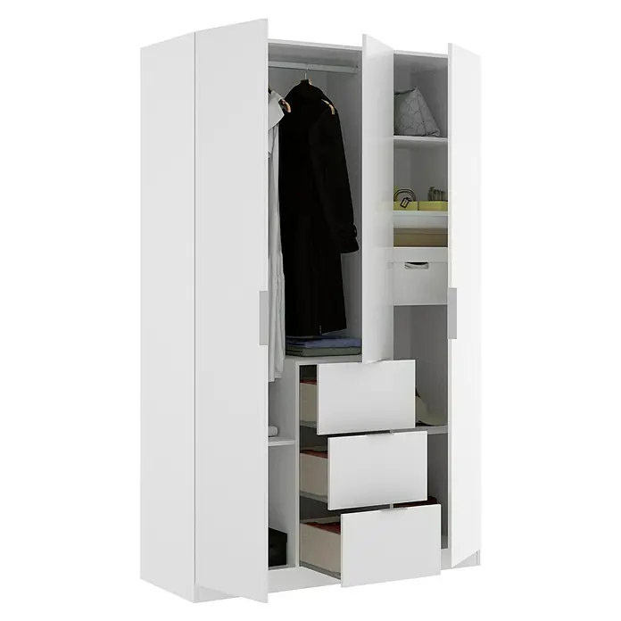 Dekit Armario para ropa Essen con cajones - L x An x Al: 52 x 135 x 204,4 cm, Blanco, Número de cajones: 3 ud. - La imagen muestra un armario blanco con puertas abiertas, que revela almacenamiento para ropa, estanterías y cajones.