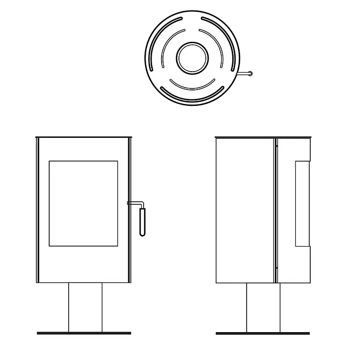 Sannover Kaminofen mit Untergestell 8,2 kW - 8,2 kW, Raumheizvermögen: 300 m³, Material Verkleidung: Stahl, Schwarz - Strichzeichnung eines modernen, freistehenden Kaminofens mit Glastür, Sockel und oberen Rauchrohranschluss.