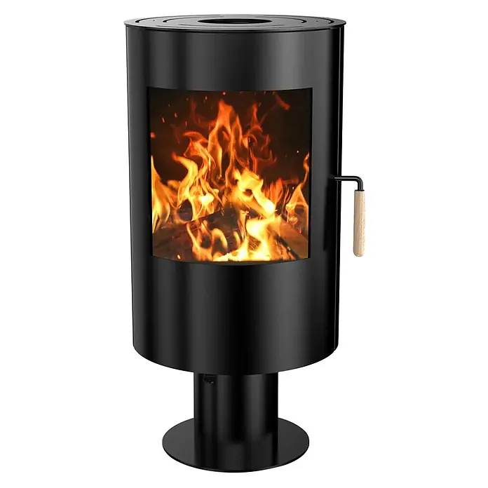 Sannover Kaminofen mit Untergestell 8,2 kW - 8,2 kW, Raumheizvermögen: 300 m³, Material Verkleidung: Stahl, Schwarz - Schwarzer zylindrischer Holzofen mit Frontscheibe, die brennende Holzscheite und einen hellen Holzgriff zeigt.