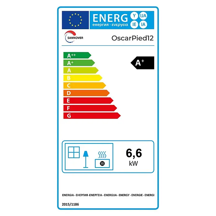 Sannover Kaminofen mit Untergestell 8,2 kW - 8,2 kW, Raumheizvermögen: 300 m³, Material Verkleidung: Stahl, Schwarz - Energielabel für Sanover OscarPied12 Heizgerät, Klasse A+, 6,6 kW Heizleistung.