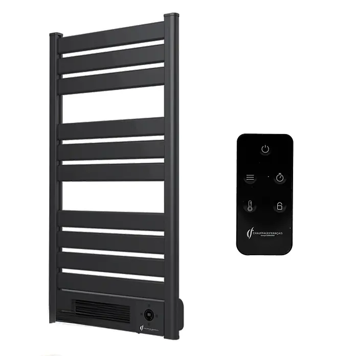 Sannover Elektro-Badheizkörper mit Gebläse Omiros Sannover 2000 W Schwarz - B x H: 550 x 1.030 mm - Dunkelgrauer elektrischer Handtuchwärmer mit Querstreben und separater schwarzer Fernbedienung.