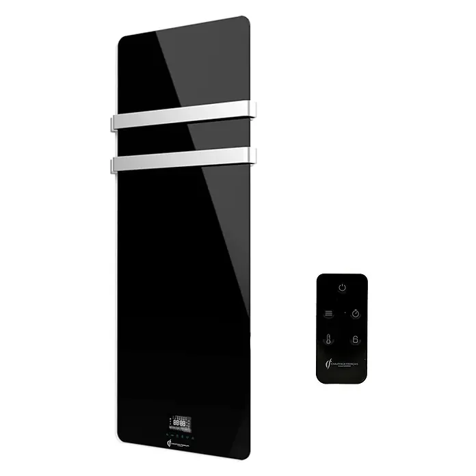Sannover Elektro-Badheizkörper - B x H: 480 x 1.222 mm - Schwarzer Glas-Heizkörper mit Handtuchstangen und Fernbedienung.