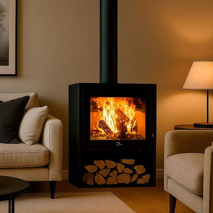 Sannover Kaminofen Arclas 12 kW - 12 kW, Raumheizvermögen: 300 m³, Material Verkleidung: Stahl, Schwarz - Schwarzer Holzofen mit brennendem Feuer und Holzscheitlager, platziert in einem gemütlichen Wohnzimmer neben hellen Sofas.