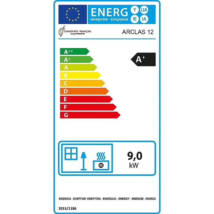Sannover Kaminofen Arclas 12 kW - 12 kW, Raumheizvermögen: 300 m³, Material Verkleidung: Stahl, Schwarz - EU-Energielabel für Chauffage Français Arclas 12 Heizgerät, Klasse A+, 9,0 kW Leistung, Verordnung 2015/1186.
