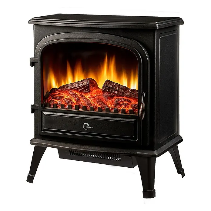 Sannover Kaminofen Tamos 2000 W 63,5 x 28 x 51 cm - 2 kW, Material Verkleidung: Stahl, Schwarz - Schwarzer Elektrokamin mit realistischer Flammenwirkung und glühenden Holzscheiten im Gusseisen-Look.