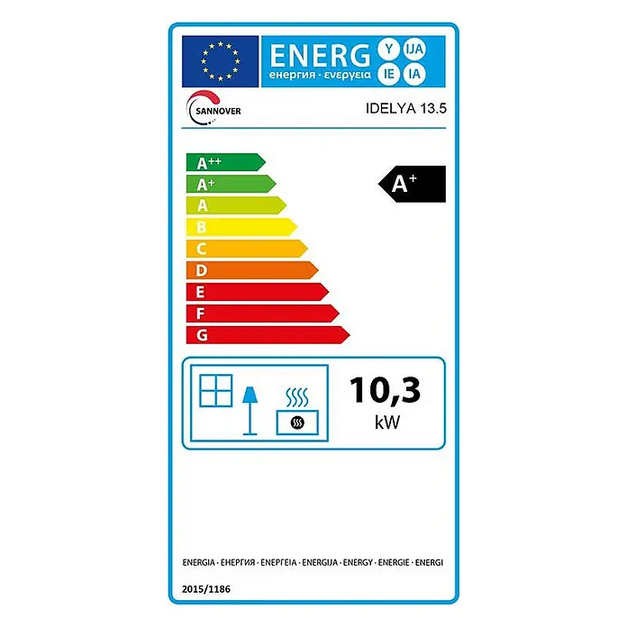 Sannover Kaminofen Idelya 13,5 kW Holzscheit 54 cm - 13,5 kW, Raumheizvermögen: 250 m³, Material Verkleidung: Stahl, Schwarz - EU-Energielabel für Sannover Idelya 13.5 Heizgerät, Klasse A+ und 10,3 kW Heizleistung.