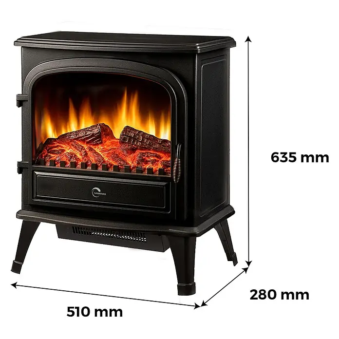 Sannover Kaminofen Tamos 2000 W 63,5 x 28 x 51 cm - 2 kW, Material Verkleidung: Stahl, Schwarz - Schwarzer Elektrokamin mit realistischem Flammeneffekt und Holzscheiten im traditionellen Ofendesign. Maße: 635x510x280mm.