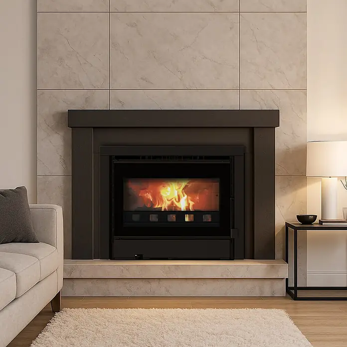 Sannover Kaminofen Idelya 13,5 kW Holzscheit 54 cm - 13,5 kW, Raumheizvermögen: 250 m³, Material Verkleidung: Stahl, Schwarz - Schwarzer Kamineinsatz mit großer Glastür, der ein brennendes Feuer zeigt, in eine moderne Wohnzimmereinrichtung integriert.