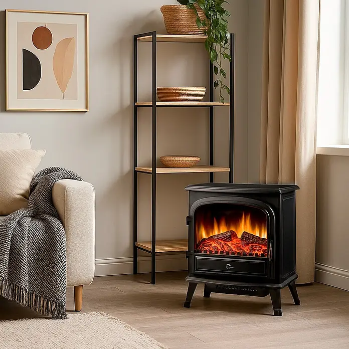 Sannover Kaminofen Tamos 2000 W 63,5 x 28 x 51 cm - 2 kW, Material Verkleidung: Stahl, Schwarz - Schwarzer Elektrokamin mit realistischen Flammen, in einem gemütlichen Wohnzimmer neben einem beigen Sofa und einem Holzregal platziert.
