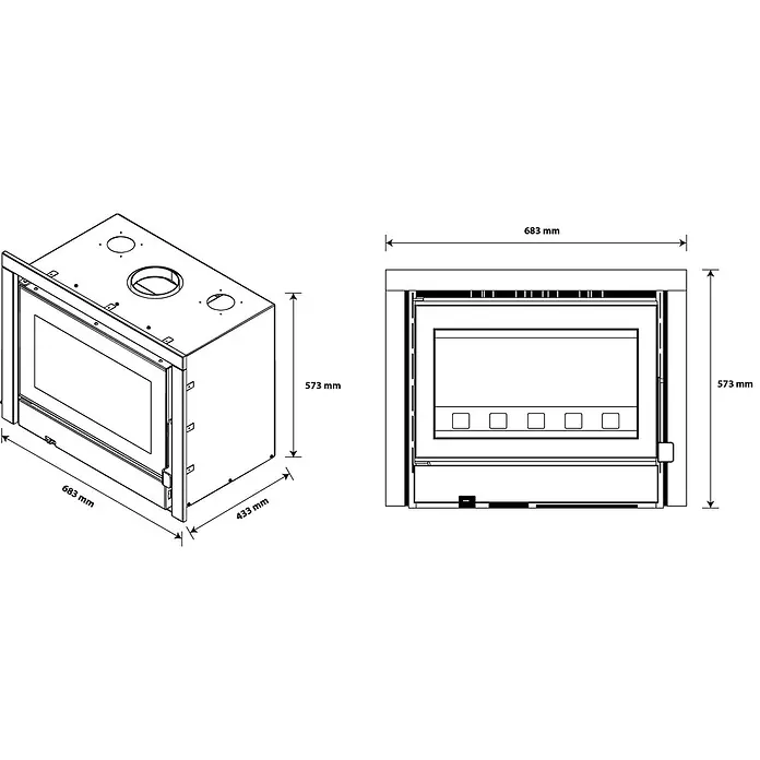 Sannover Kaminofen Idelya 13,5 kW Holzscheit 54 cm - 13,5 kW, Raumheizvermögen: 250 m³, Material Verkleidung: Stahl, Schwarz - Technische Zeichnung eines Einbaugeräts mit Glasfront und oberen Lüftungsöffnungen, inklusive Maßen.