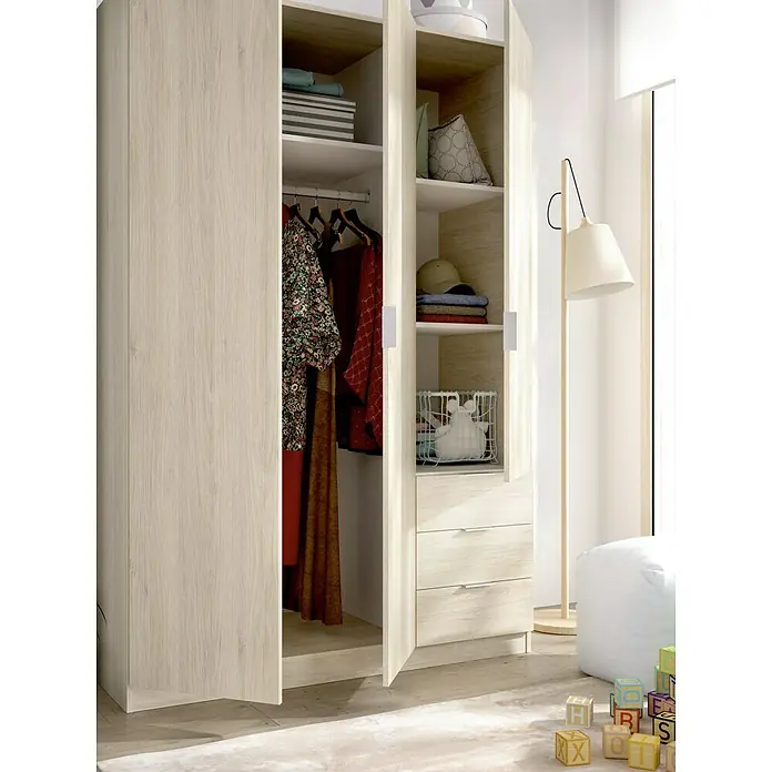 Dekit Armario para ropa Essen con cajones - L x An x Al: 52 x 121 x 184 cm, Natural, Número de cajones: 3 ud. - Este espacioso armario con aspecto de madera ofrece mucho almacenamiento con estantes, barra para colgar y cajones para la organización de la ropa.