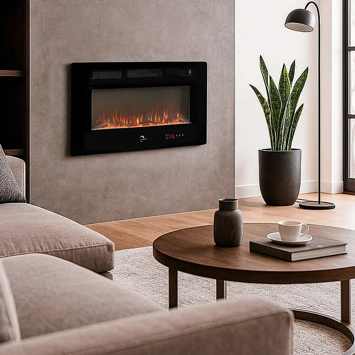 Sannover Kaminofen mit LED-Flammeneffekt Valtaia Plat 2000 W / 102 cm - 2 kW, Material Verkleidung: Stahl, Schwarz - Schwarzer Wand-Elektrokamin mit realistischem Flammeneffekt in einem modernen Wohnzimmer.
