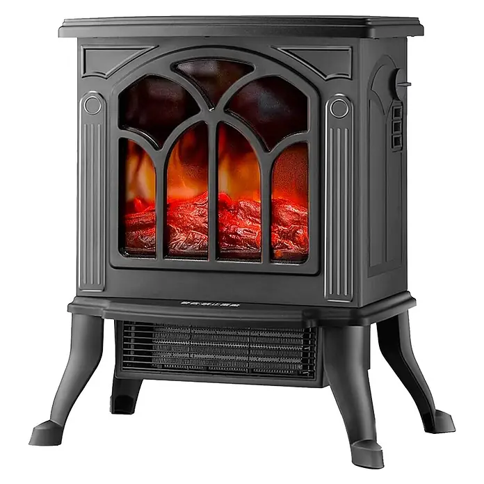 Sannover Kaminofen Ideria 1800 W - 1,8 kW, Material Verkleidung: Stahl, Schwarz - Schwarzer elektrischer Kaminofen im klassischen Gusseisen-Look mit realistischer Flammeneffektdarstellung und Heizlüfter.