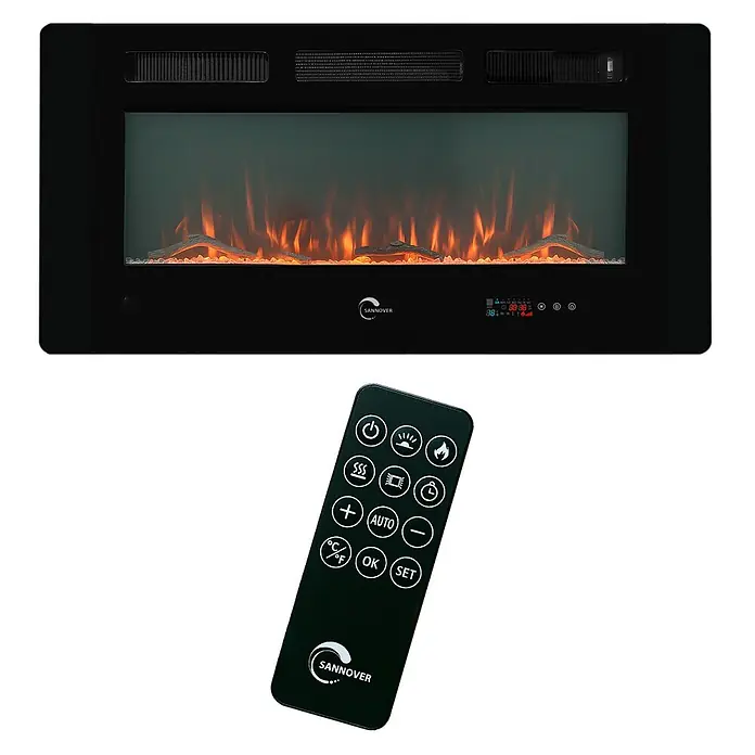 Sannover Kaminofen mit LED-Flammeneffekt Valtaia Plat 2000 W / 102 cm - 2 kW, Material Verkleidung: Stahl, Schwarz - Schwarzer Elektrokamin mit realistischer Flammenwirkung und Kunstholzscheiten, dazu eine schwarze Fernbedienung mit Funktionstasten.