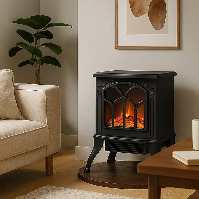 Sannover Kaminofen Ideria 1800 W - 1,8 kW, Material Verkleidung: Stahl, Schwarz - Schwarzer elektrischer Kamin mit sichtbaren künstlichen Flammen auf einem Holzsockel im gemütlichen Wohnzimmer.