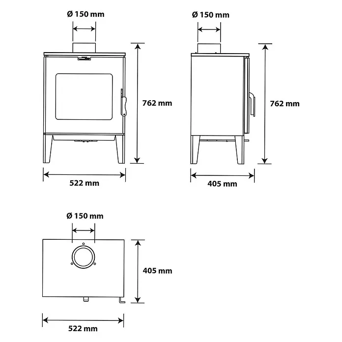 Sannover Kaminofen Dita 7,6 kW Holzscheite 40 cm - 7,6 kW, Raumheizvermögen: 190 m³, Material Verkleidung: Stahl, Schwarz - Technische Zeichnung eines rechteckigen Ofens mit Front-, Seiten- und Draufsicht, Maße: H 762mm, B 522mm, T 405mm, 150mm Rauchrohranschluss.
