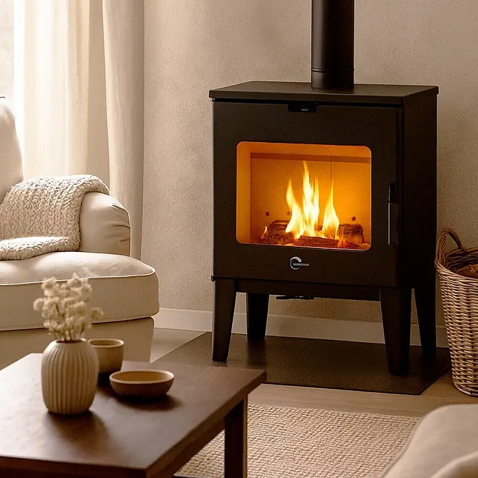 Sannover Kaminofen Dita 7,6 kW Holzscheite 40 cm - 7,6 kW, Raumheizvermögen: 190 m³, Material Verkleidung: Stahl, Schwarz - Ein moderner schwarzer Kaminofen mit brennendem Feuer, der ein gemütliches Wohnzimmer heizt.