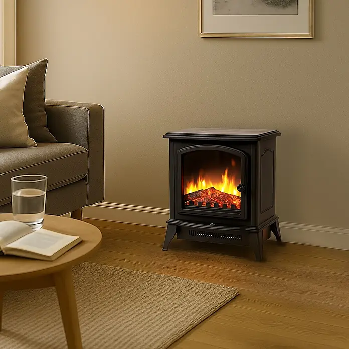 Sannover Kaminofen - 1,8 kW, Material Verkleidung: Stahl, Schwarz - Kompakter schwarzer Elektrokamin mit realistischem Flammeneffekt in einem gemütlichen Wohnzimmer.