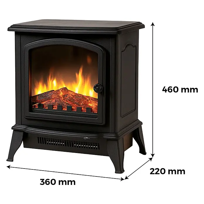 Sannover Kaminofen - 1,8 kW, Material Verkleidung: Stahl, Schwarz - Schwarzer Elektrokamin im Gusseisen-Stil (460x360x220mm) mit realistischem Flammeneffekt und Holzscheiten.