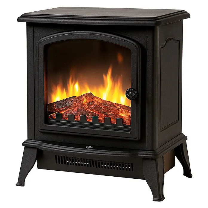 Sannover Kaminofen - 1,8 kW, Material Verkleidung: Stahl, Schwarz - Schwarzer Elektrokamin im Gusseisen-Stil mit realistischem Flammeneffekt und glühenden Holzscheiten.