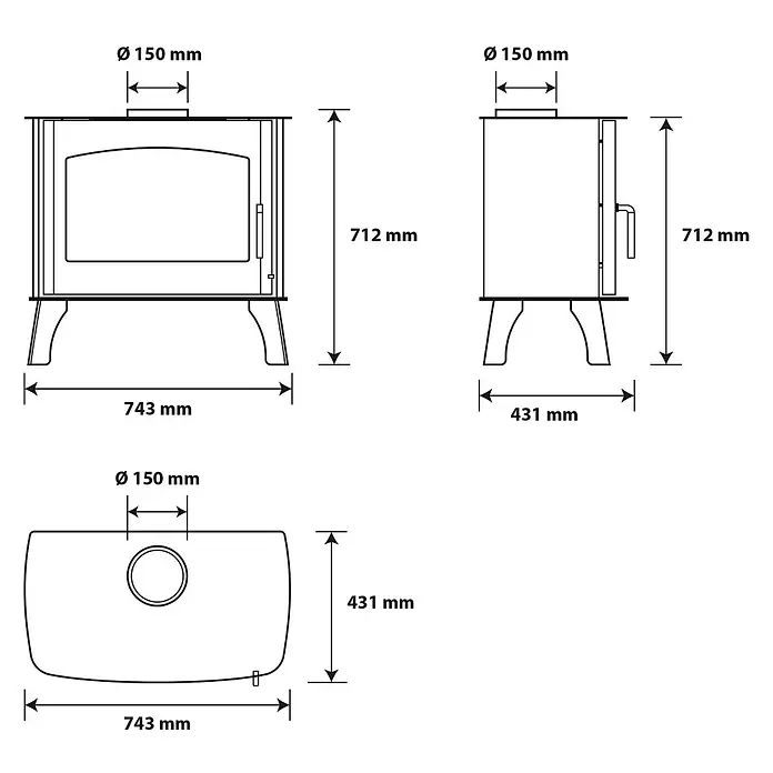 Sannover Kaminofen - 13,1 kW, Raumheizvermögen: 260 m³, Material Verkleidung: Stahl, Schwarz - Technische Zeichnung eines Holzofens mit Maßen: H 712mm, B 743mm, T 431mm, Rauchrohr Ø 150mm.