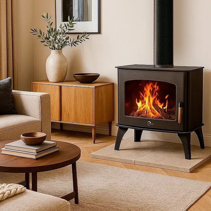 Sannover Kaminofen - 13,1 kW, Raumheizvermögen: 260 m³, Material Verkleidung: Stahl, Schwarz - Schwarzer Holzofen mit brennendem Feuer, in einem warmen Wohnzimmer dekoriert.