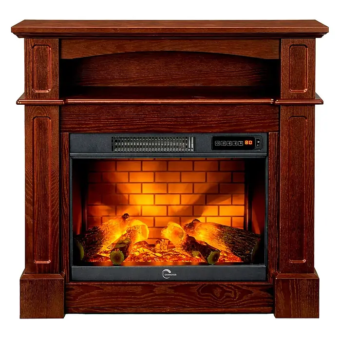 Sannover Kaminofen Sifora 2000 W 80,5 x 30 x 81 cm Holz – Wird montiert und betriebsbereit - 2 kW, Material Verkleidung: Stahl, Braun - Dunkelbrauner Elektrokamin aus Holz mit glühendem Holzfeuereffekt, Ziegelrückwand, Digitalanzeige und Lüftungsschlitz.