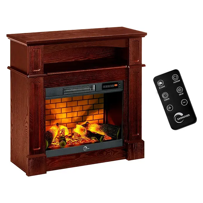 Sannover Kaminofen Sifora 2000 W 80,5 x 30 x 81 cm Holz – Wird montiert und betriebsbereit - 2 kW, Material Verkleidung: Stahl, Braun - Dunkler Holz-Elektrokamin mit realistischem Flammeneffekt, glühenden Scheiten und schwarzer Fernbedienung.