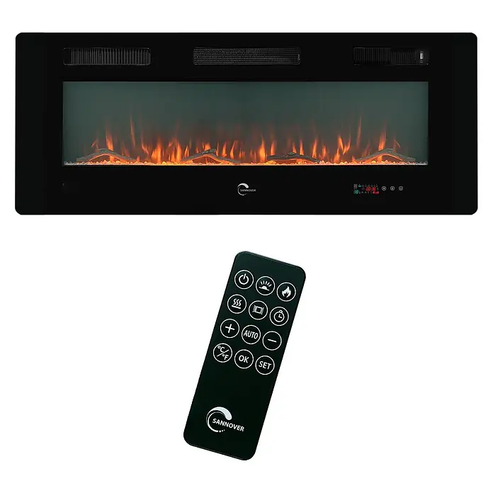 Sannover Kaminofen mit LED-Flammeneffekt Valtaia Plat 2000 W / 127 cm - 2 kW, Material Verkleidung: Stahl, Schwarz - Moderner schwarzer Elektrokamin mit Flammeneffekt und passender Fernbedienung.