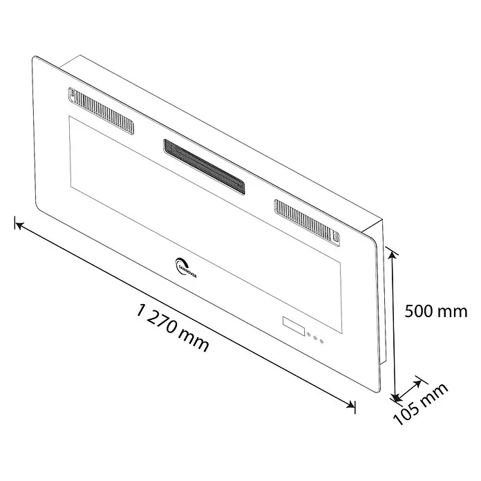 Sannover Kaminofen mit LED-Flammeneffekt Valtaia Plat 2000 W / 127 cm - 2 kW, Material Verkleidung: Stahl, Schwarz - Weißer SANNOVER Elektrokamin, schlankes rechteckiges Design, 1270x500x105mm, mit Frontanzeige und Lüftungsschlitzen, für Wandmontage.