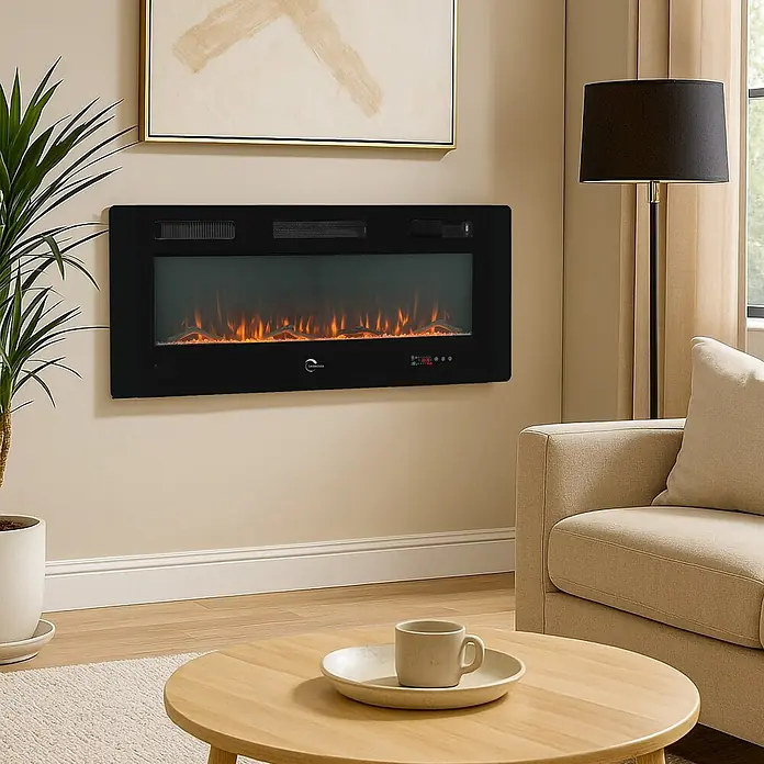 Sannover Kaminofen mit LED-Flammeneffekt Valtaia Plat 2000 W / 127 cm - 2 kW, Material Verkleidung: Stahl, Schwarz - Schwarzer, wandmontierter Elektrokamin mit lebhaften Flammen in einem gemütlichen Wohnzimmer.