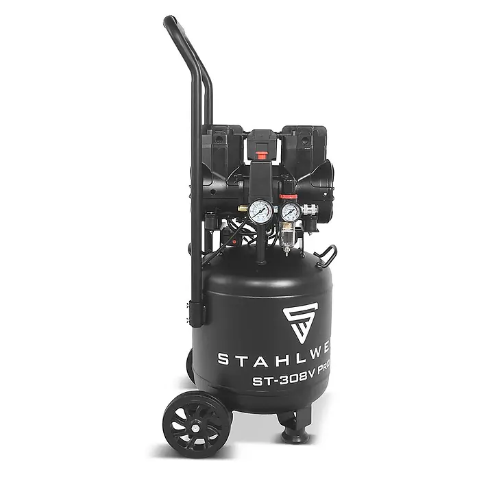 STAHLWERK Kompressor ST-308V Pro - Max. Druck: 8 bar, 30 l, Schmierung: Ohne - Schwarzer, tragbarer Luftkompressor mit Doppelmotoren, Manometern und Rollen für einfachen Transport.