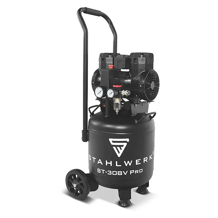 STAHLWERK Kompressor ST-308V Pro - Max. Druck: 8 bar, 30 l, Schmierung: Ohne - Schwarzer mobiler Kompressor mit Tank, Griff, Rädern und Manometern.