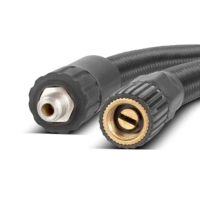 STAHLWERK Kompressor HF-800 ST - 80 W, Max. Druck: 4,2 bar, Schmierung: Ohne - Zwei schwarze Geflechtschlauchenden: ein silberner Pumpenanschluss, ein messingfarbener Reifenventilanschluss.