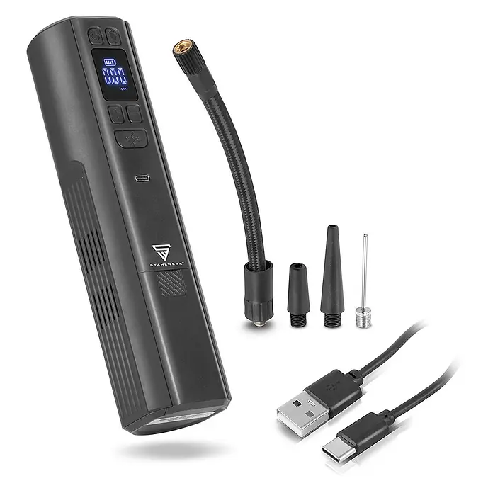 STAHLWERK Kompressor HF-800 ST - 80 W, Max. Druck: 4,2 bar, Schmierung: Ohne - Dunkelgrauer tragbarer Luftkompressor mit Digitalanzeige, flexiblem Schlauch, 3 Düsenadaptern und USB-C-Ladekabel.