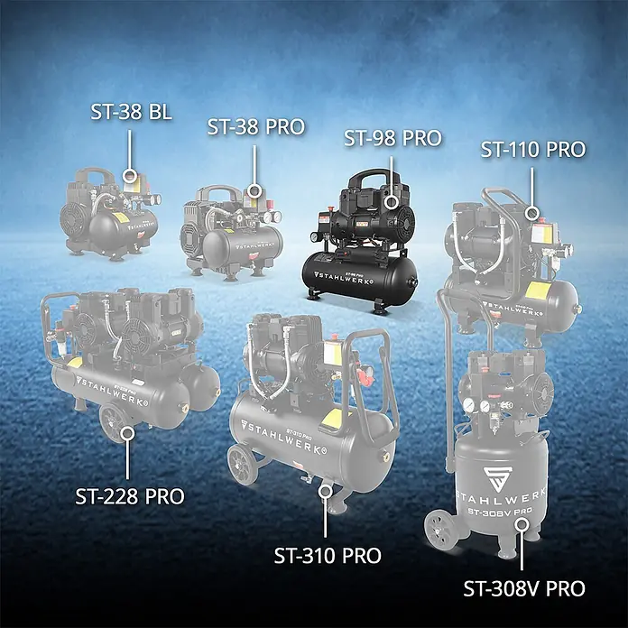 STAHLWERK Kompressor ST-98 Pro - Max. Druck: 8 bar, 9 l, Schmierung: Ohne - Eine Auswahl schwarzer und dunkelgrauer STAHLWERK Kompressoren in verschiedenen Größen und Ausführungen, teils mit Rollen.