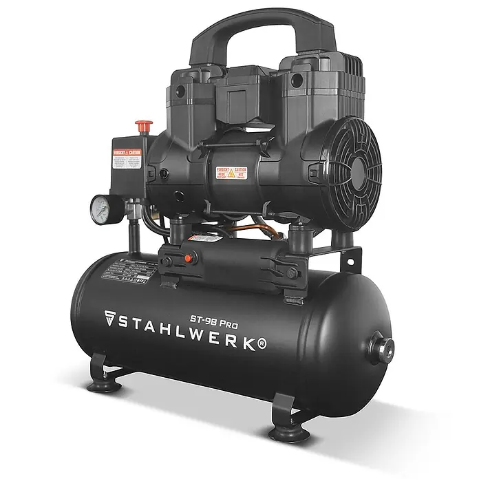 STAHLWERK Kompressor ST-98 Pro - Max. Druck: 8 bar, 9 l, Schmierung: Ohne - Schwarzer, kompakter, tragbarer Luftkompressor mit zylindrischem Tank, Motoreinheit und Manometer.