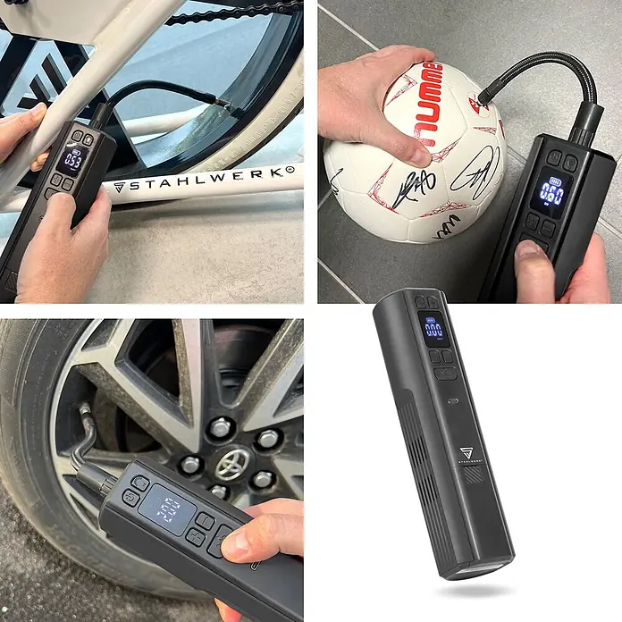 STAHLWERK Kompressor HF-800 ST - 80 W, Max. Druck: 4,2 bar, Schmierung: Ohne - Schwarzer tragbarer Luftkompressor mit Digitalanzeige, der Fahrrad-, Autoreifen und einen Fußball aufpumpt.
