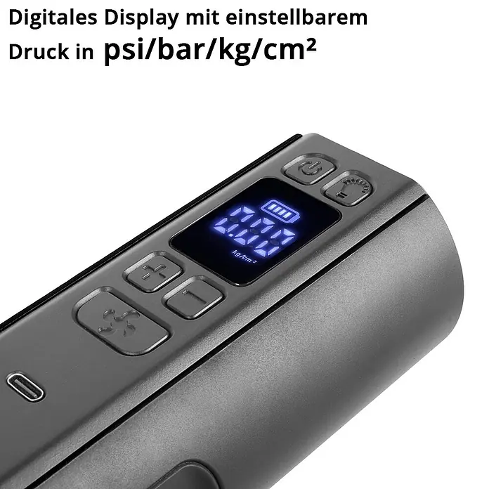 STAHLWERK Kompressor HF-800 ST - 80 W, Max. Druck: 4,2 bar, Schmierung: Ohne - Graue digitale Luftpumpe mit beleuchtetem Display für Druck (kg/cm²) und Batterieanzeige, sowie Bedientasten.