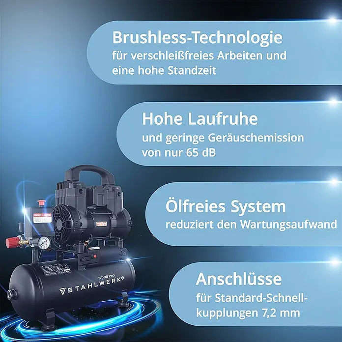 STAHLWERK Kompressor ST-98 Pro - Max. Druck: 8 bar, 9 l, Schmierung: Ohne - Schwarzer, ölfreier Kompressor mit bürstenloser Technologie und 7,2 mm Schnellkupplungen. Leise mit 65 dB, ideal für diverse Anwendungen.
