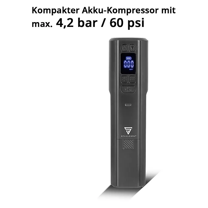 STAHLWERK Kompressor HF-800 ST - 80 W, Max. Druck: 4,2 bar, Schmierung: Ohne - Dunkelgrauer kompakter Akku-Kompressor mit Digitalanzeige und Bedientasten, mit STAHLWERK Logo.