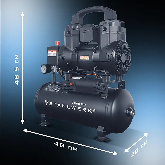 STAHLWERK Kompressor ST-98 Pro - Max. Druck: 8 bar, 9 l, Schmierung: Ohne - Schwarzer STAHLWERK ST-98 PRO Kompressor, 48,5 cm hoch, 48 cm breit und 20 cm tief.