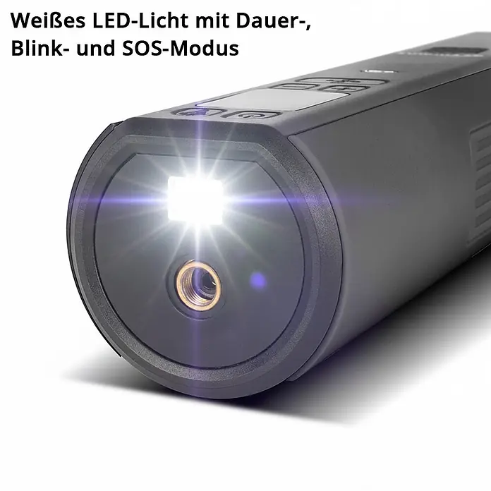 STAHLWERK Kompressor HF-800 ST - 80 W, Max. Druck: 4,2 bar, Schmierung: Ohne - Dunkelgraues Gerät mit heller weißer LED-Leuchte an der Vorderseite, mit Dauer-, Blink- und SOS-Modus, sowie einer Messingdüse.