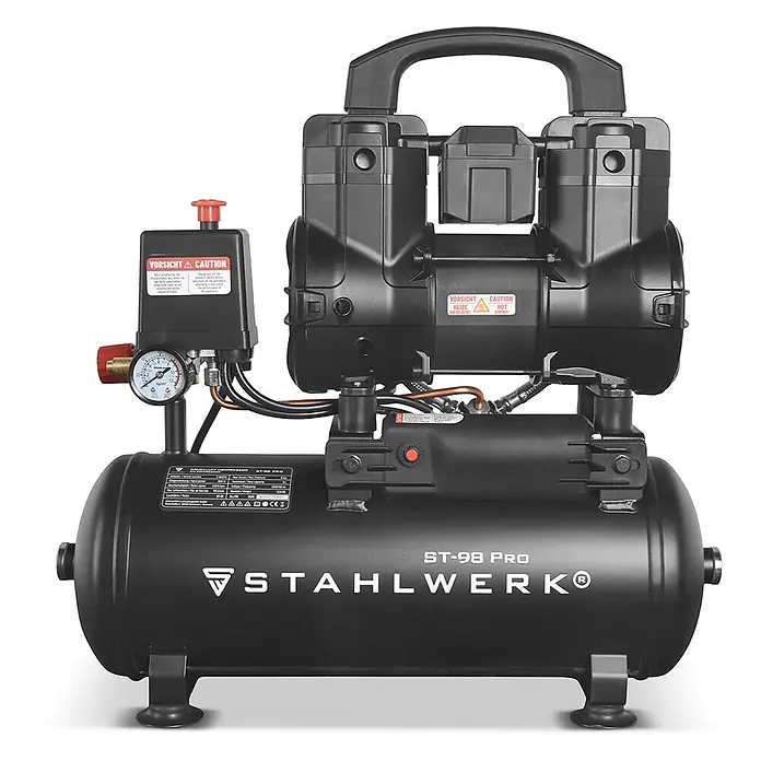 STAHLWERK Kompressor ST-98 Pro - Max. Druck: 8 bar, 9 l, Schmierung: Ohne - Schwarzer ST-98 PRO STAHLWERK Luftkompressor mit Griff, Manometern und horizontalem Tank.