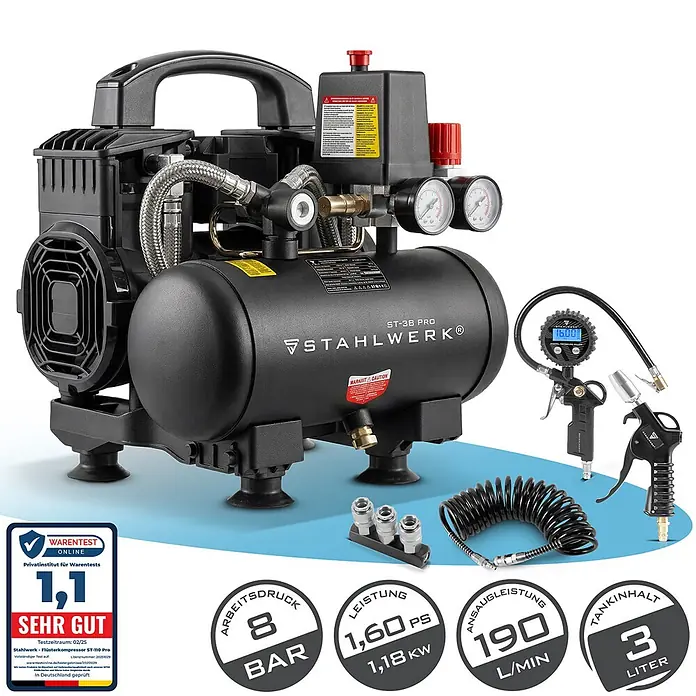 STAHLWERK Kompressor ST-38 Pro - Max. Druck: 8 bar, 10 l, Schmierung: Ohne - Schwarzer Kompressor mit 3-Liter-Tank, Manometern, Griff und Zubehör wie digitalem Reifenfüller, Ausblaspistole und Spiralschlauch.