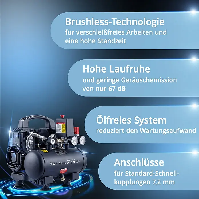 STAHLWERK Kompressor ST-38 Pro - Max. Druck: 8 bar, 3 l, Schmierung: Ohne - Ein schwarzer STAHLWERK ST-38 PRO Kompressor mit Manometern, bürstenloser Technologie, ölfreiem Betrieb und leisem Lauf.